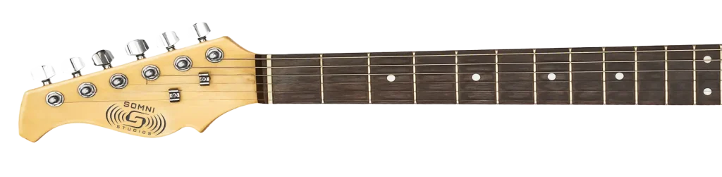 Close-up guitar strings and pickups at SOMNI Studios Central Oregon.