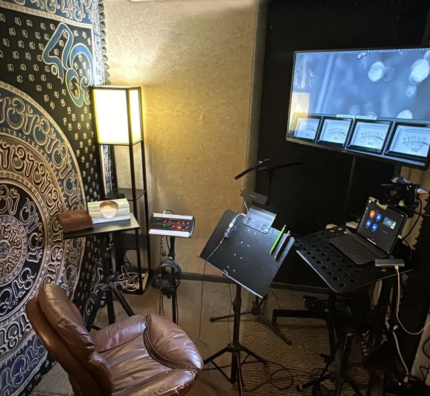 ADR and voice over recording booth with microphone, screen, and equipment at Somni Studios in Bend Oregon