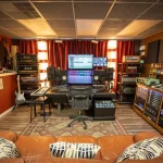 Somni Studios control room with mixing console, monitors, guitars, and professional studio equipment