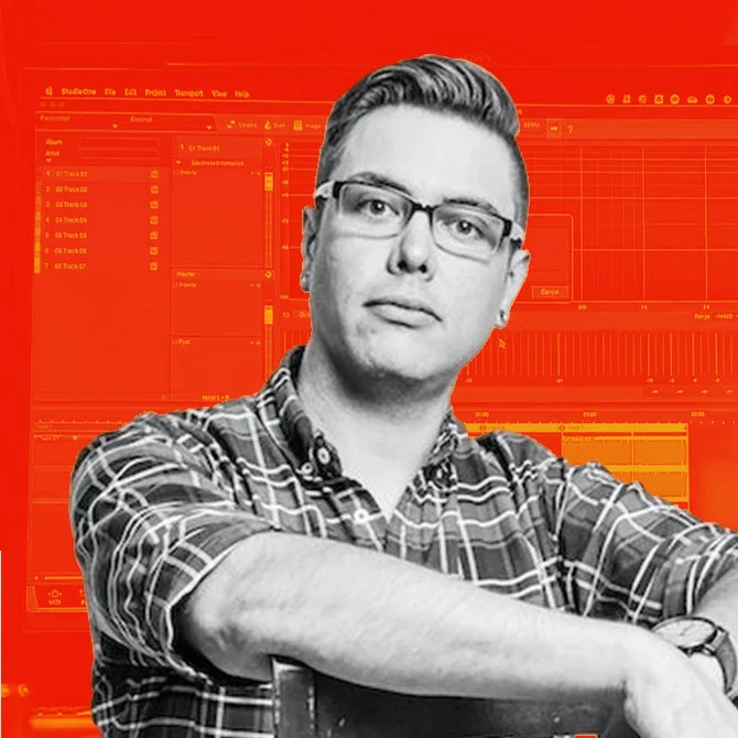 Scott Baber ADR and audio engineer at Somni Studios on orange background portrait