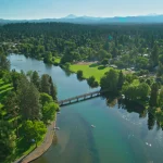 Aerial photo of Drake Park and river in Bend Oregon on a sunny summer day