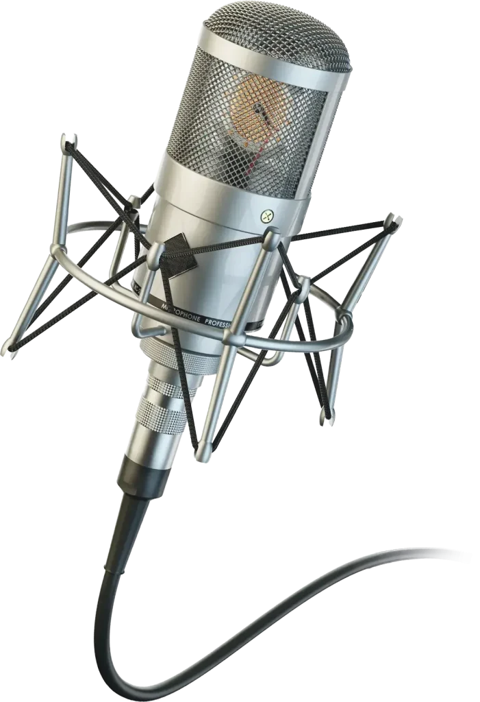 Large studio microphone on boom arm featured in the SOMNI Studios services section for mixing, ADR, and audiobook production