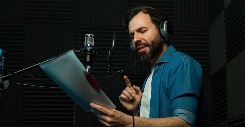 Narrator recording audiobook at SOMNI Studios with professional microphone and pop filter in a sound-treated booth