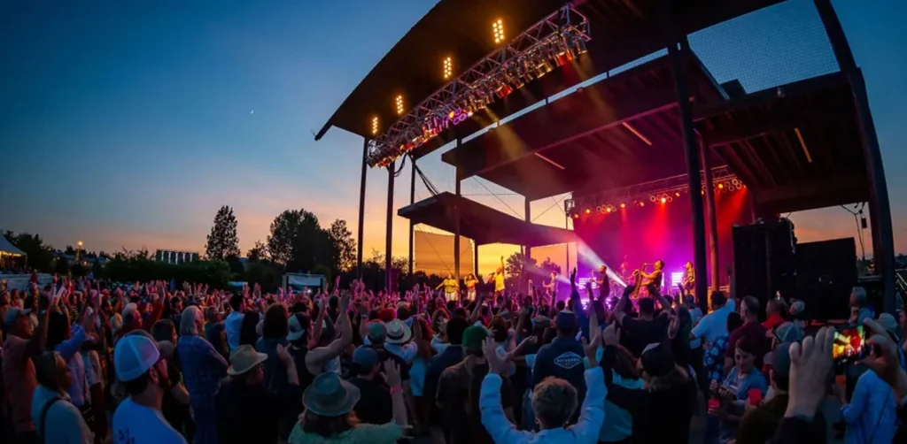 Crowd enjoying live music at an outdoor concert stage at sunset in Bend Oregon