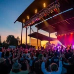 Crowd enjoying live music at an outdoor concert stage at sunset in Bend Oregon