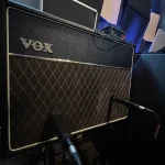Vox AC30 guitar amplifier mic’d for recording at Somni Studios.