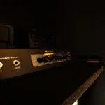 Close-up of Ampeg Portaflex head on isolation booth rack at Somni Studios.