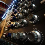 Detailed view of analog EQ rack knobs and dials in the Somni Studios mixing setup.