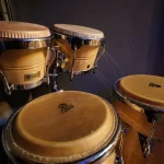 Latin Percussion congas and bongos set up in the live room at Somni Studios.