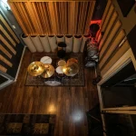 Overhead view of the Gretsch drum kit in the Somni Studios Live Room.