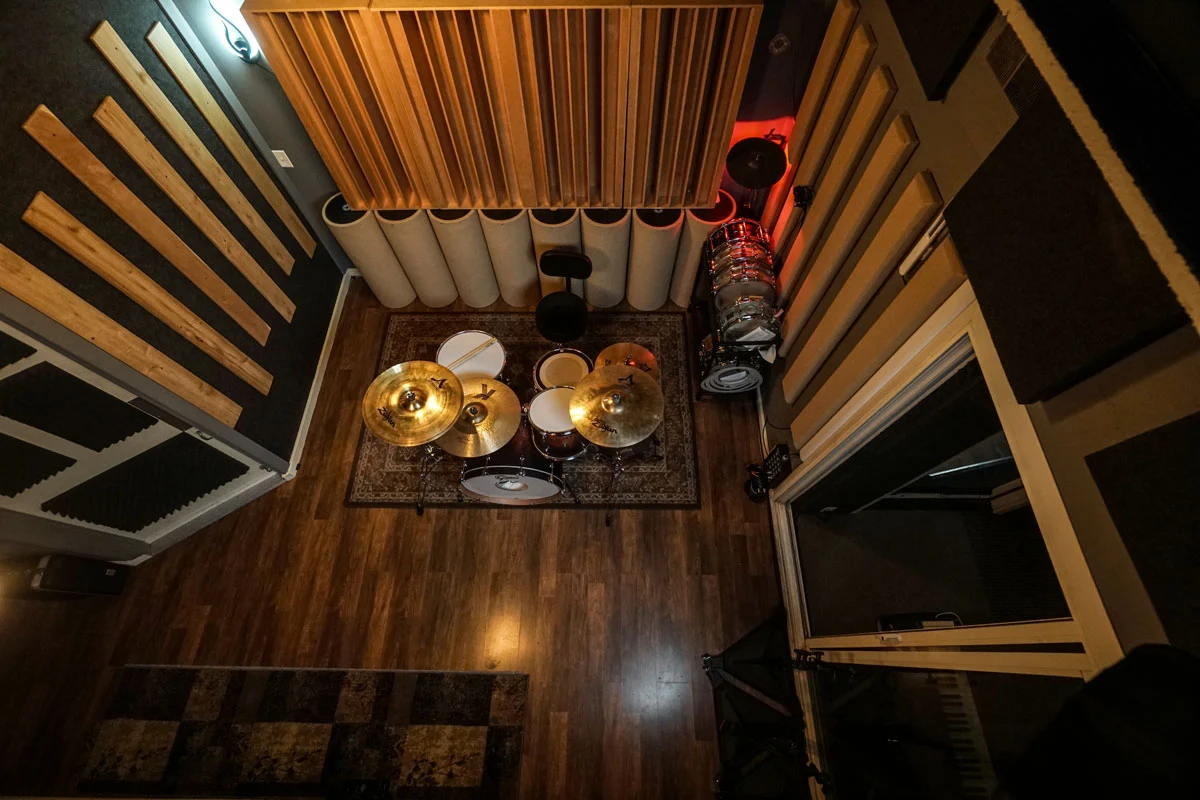 Overhead view of the Gretsch drum kit in the Somni Studios Live Room.