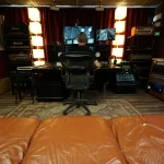 Audio engineer Matt Fletcher mixing in the Somni Studios control room, wide view from couch.