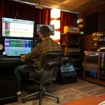 Scott Baber mixing from the side view at Somni Studios, with Pro Tools and analog rack gear.